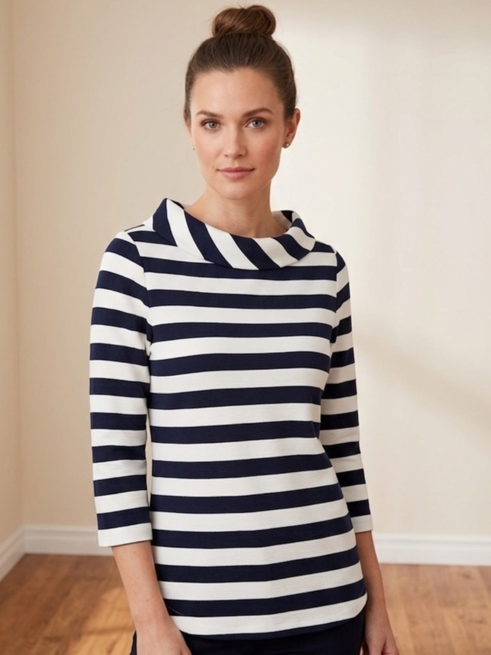 Talbots Navy and White Striped Blouse Sz M petite
